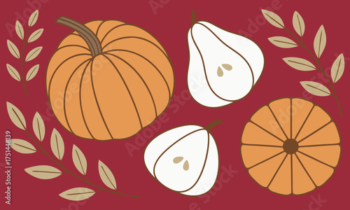 Pumpkins and halved pears are arranged with leaf sprigs on a deep red background