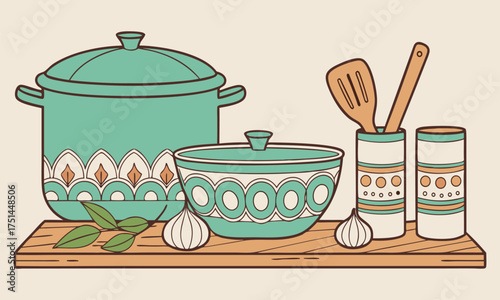 Turquoise pot and bowl sit near wooden utensils with garlic and leaves on shelf