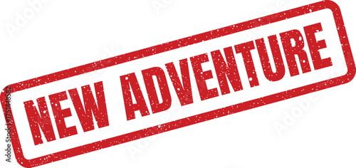 Textured red rubber stamp impression displaying the motivational phrase NEW ADVENTURE ready for inspiring journey related projects