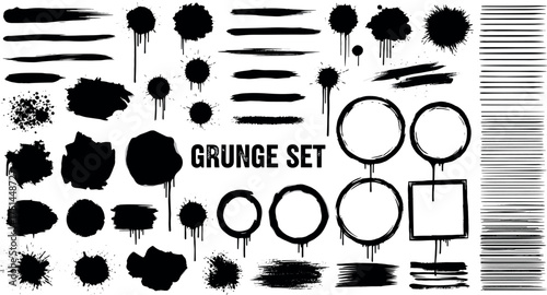 Comprehensive Grunge Set Ink Splatters, Brush Strokes, Circle Frames, and Grunge Elements for Creative Designs