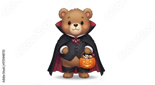 Cute teddy bear wearing a vampire costume holding a pumpkin basket filled with candies, Halloween theme illustration on white background.