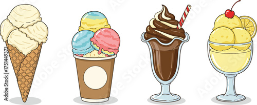 Vector illustration set of assorted ice cream desserts including cone, sundae, cup, and glass, colorful scoops, toppings, and decorations