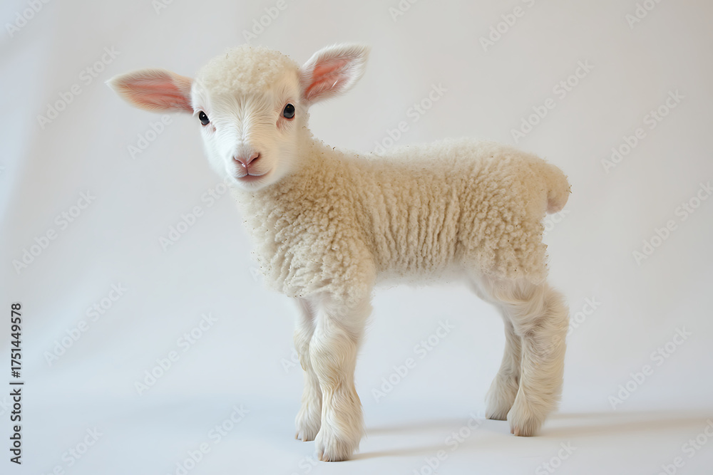 Fototapeta premium Adorable fluffy lamb standing curiously, a symbol of innocence and new beginnings great for springtime and Easter-themed projects