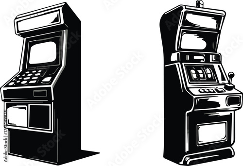 Arcade machine, retro gaming, slot machine, casino style, vintage entertainment, joystick control, neon lights, gambling concept, leisure activity, digital screen