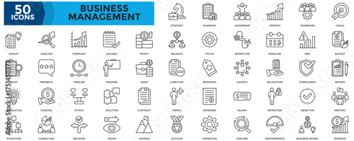 Business Management icon set. Containing strategy, planning, leadership, profit, teamwork, goals, budget, objective, structure, delegation, compliance icon. Outline style