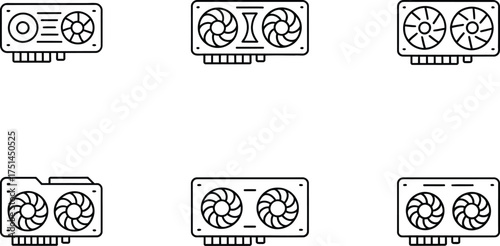 Collection of six stylized line art icons of computer graphics cards
