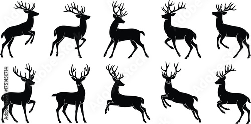 Deer silhouette collection, antler wildlife illustration, animal posture set, jumping deer, standing stag, walking buck, leaping elk, hunting design, vector art, forest animal