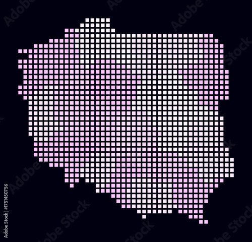 Poland dotted map. Digital style map of the country on dark background. Poland shape with square dots. Colored dots style. Large size squares. Abstract vector illustration.