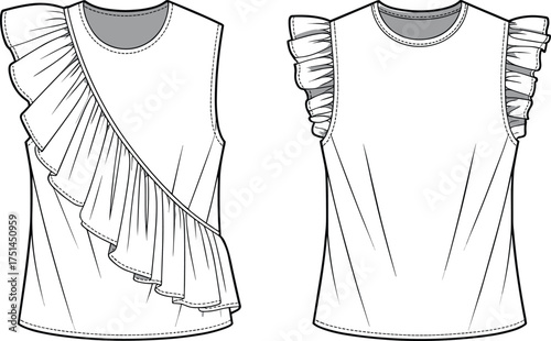 Fashion sketch, sleeveless top, ruffle blouse, asymmetrical design, shoulder detail, garment illustration, couture drawing, stylish apparel, designer clothing, textile concept