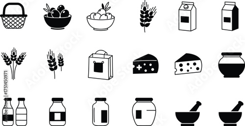 Food icons, grocery symbols, kitchenware illustration, black and white vector, basket, wheat, cheese, milk, bottle, jar, mortar, pestle, shopping bag, fruit bowl, minimal design, outline style
