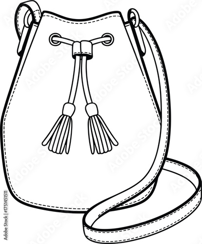 Handbag illustration, bucket bag drawing, fashion accessory sketch, stylish purse design, leather bag outline, trendy shoulder bag, drawstring closure, tassel details