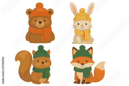 Cute woodland animals in cozy winter hats and scarves