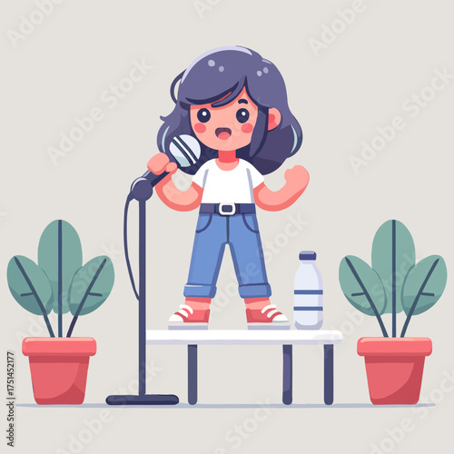 Flat Illustration of Cheerful Young Woman Singing on Table with Microphone