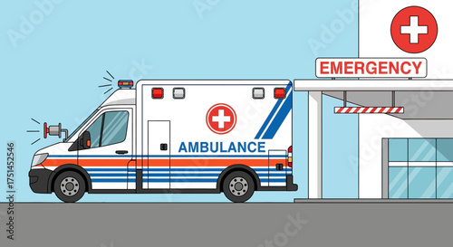 Ambulance vehicle parked outside hospital emergency entrance with flashing lights and siren