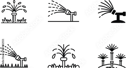 Set of Icons Depicting Various Garden Sprinklers Watering Plants