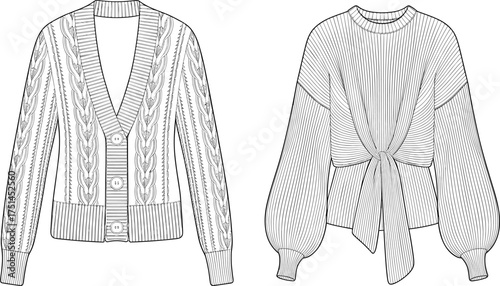 Women sweater fashion illustration, cardigan design sketch, pullover knitwear drawing, cable knit cardigan, balloon sleeve pullover, fashion flat sketch