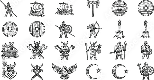 Viking warrior illustration, Norse mythology art, medieval battle axe, Viking ship drawing, Nordic helmet design, ancient culture, Scandinavian history, fantasy