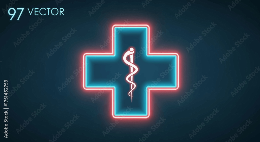 Obraz premium Brightly illuminated neon medical cross icon featuring a central caduceus, casting a vivid red and blue glow in the darkness, symbolizing healthcare, essential services, and medical assistance