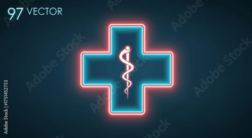 Brightly illuminated neon medical cross icon featuring a central caduceus, casting a vivid red and blue glow in the darkness, symbolizing healthcare, essential services, and medical assistance