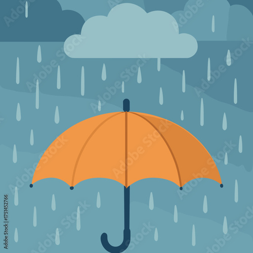 Orange umbrella shields from rain under cloudy sky, stay dry