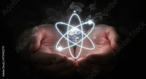 Conceptual representation of the planet Earth cradled within human hands, surrounded by a glowing atomic structure and swirling energy effects.