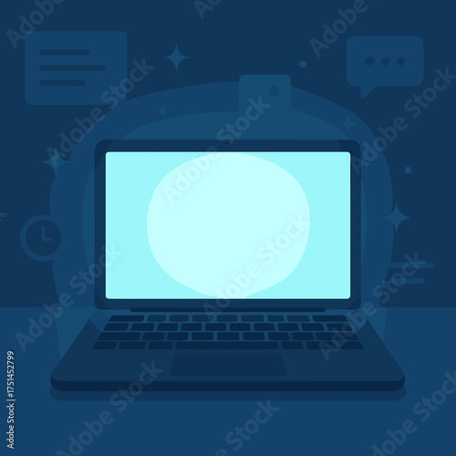 Modern laptop glowing brightly during late night work session