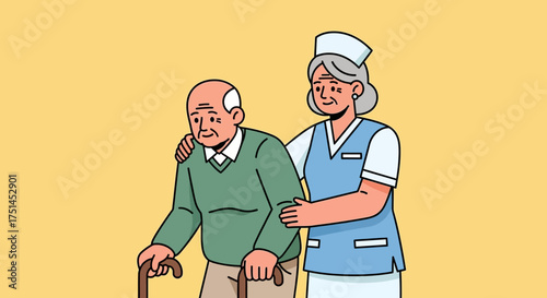 Compassionate caregiver assisting a senior man with a walking stick, symbolizing dedicated elder support, professional healthcare, and the importance of well-being in old age