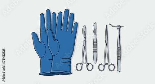 Sterile blue medical gloves and essential surgical instruments, including a scalpel, forceps, and scissors, vital for safe medical procedures