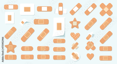Collection of Adhesive Bandages and First Aid Supplies for Medical and Injury Treatment