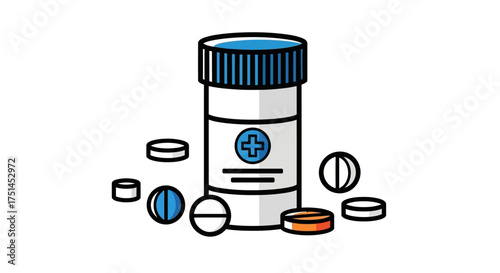 Healthcare icon representing a pill bottle with various pills scattered around it on a white background, symbolizing medicine and health
