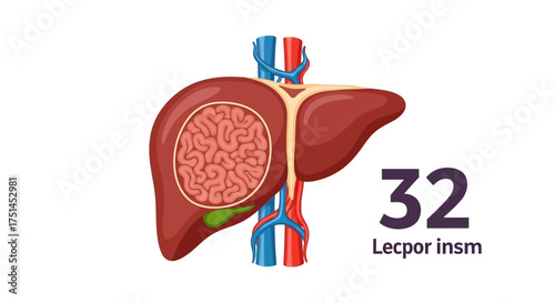 Illustration of the human liver with internal details, showing vessels and a cross-section revealing intricate structures, accompanied by the number 32 and text