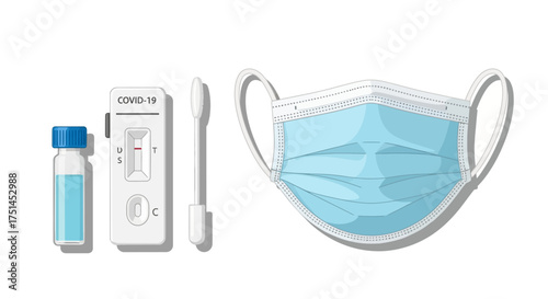 A rapid virus test kit and a protective medical face mask, key items for personal health safety and public protection during a pandemic
