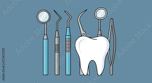 Dental instruments and a tooth illustration on a blue background, symbolizing dental hygiene and care