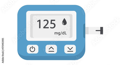 Vector illustration of a digital glucometer with a test strip, displaying a blood sugar reading of 125 mg/dL for diabetes management