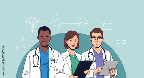 Medical professionals in white coats with stethoscopes and medical symbols in the background, representing healthcare and science