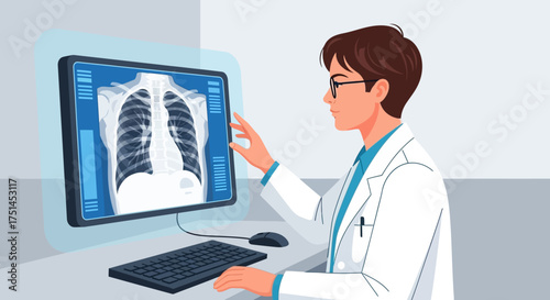 Medical Professional Examining Chest X-Ray on Computer Screen for Diagnosis and Analysis
