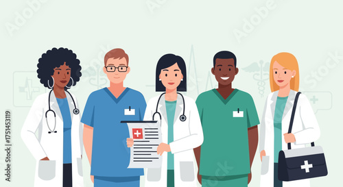 Diverse group of medical professionals in scrubs and lab coats, including a doctor holding a chart, representing healthcare teamwork and expertise