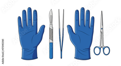 A collection of essential surgical instruments for medical procedures, including blue latex gloves, a scalpel for incisions, and forceps, isolated vector illustration
