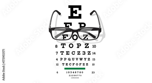 Eyeglasses hanging in front of an eye test chart, symbolizing a vision examination, ophthalmology, and the process of checking eyesight
