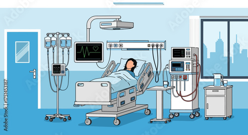 Hospital room with patient in bed, medical equipment, and a window overlooking a cityscape