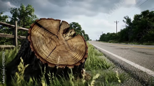 Photorealistic Video Scene of a Tree Stump with a Roadside Landscape and a Cloudy Sky in the Background with Green Grasses and Fence Under Soft Natural Lighting Style Nature Scenery