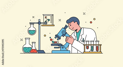 Scientist in a lab coat examining a sample under a microscope, surrounded by laboratory equipment and test tubes