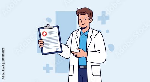 Healthcare professional in white coat holding medical record chart, representing doctor's consultation and diagnosis