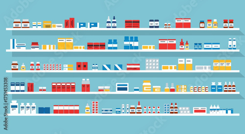 An organized display of pharmaceuticals on shelves in a modern drugstore. Vector graphic representing the concepts of healthcare, wellness, and medical retail