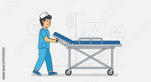 Nurse Pushing Empty Gurney in Hospital Medical Professional at Work Illustration