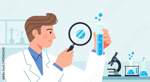 Scientist Examining Sample with Magnifying Glass in Lab - Scientific Research Illustration