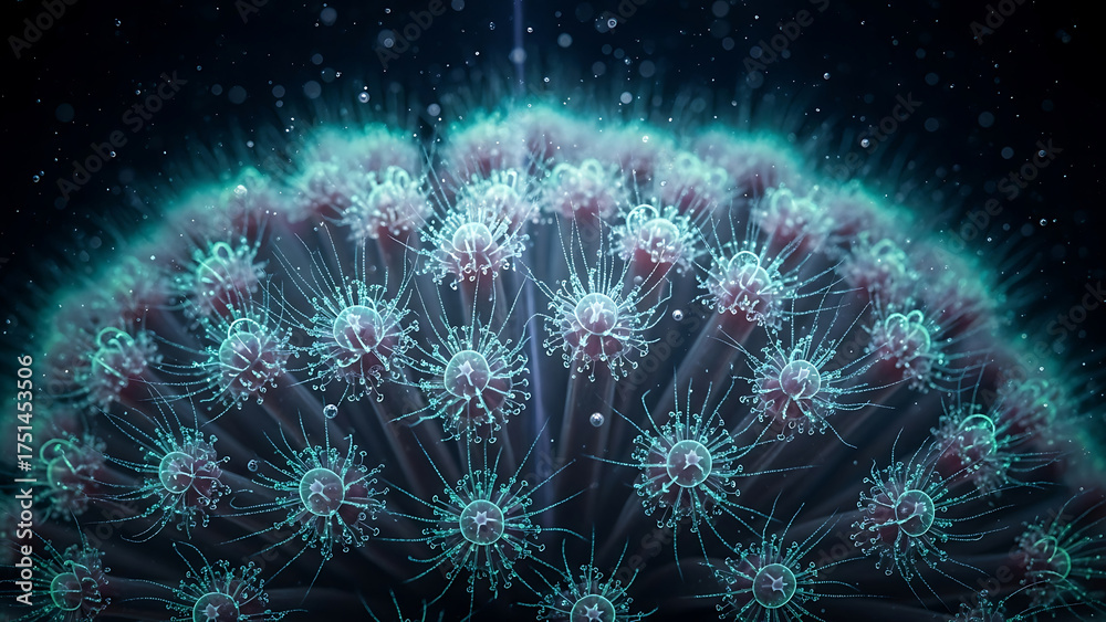 Fototapeta premium Abstract Microscopic Structure with Glowing Aqua Details on Dark Background