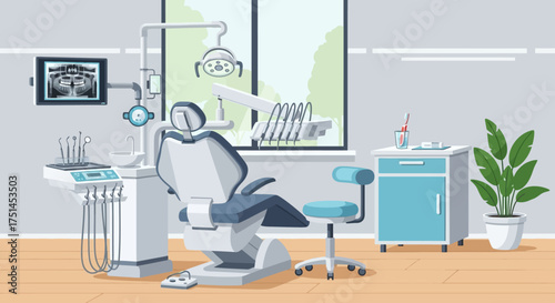 Dental Clinic Interior with Equipment and Patient Chair