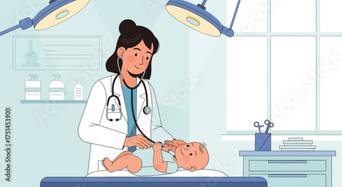 Pediatrician examining a baby with a stethoscope during a medical check-up in a clinic or hospital setting