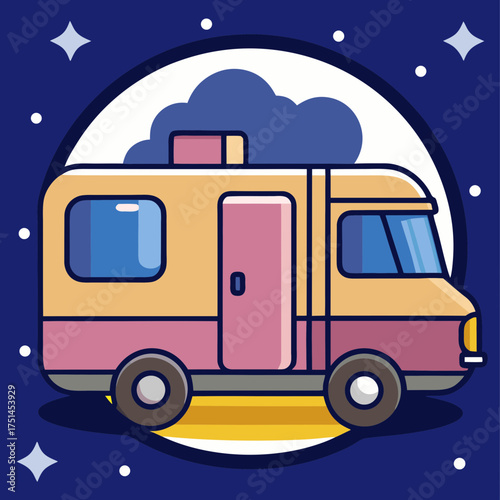 A colorful flat campervan parked under a starry night sky